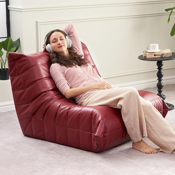 Hobestluk Giant Bean Bag Chair Lazy Floor Sofa, Fireside Sofa for Adults, Big Beanbag Faux Leather Armless Chair for Living Room Bedroom Dorm Office (WineRed, Single)