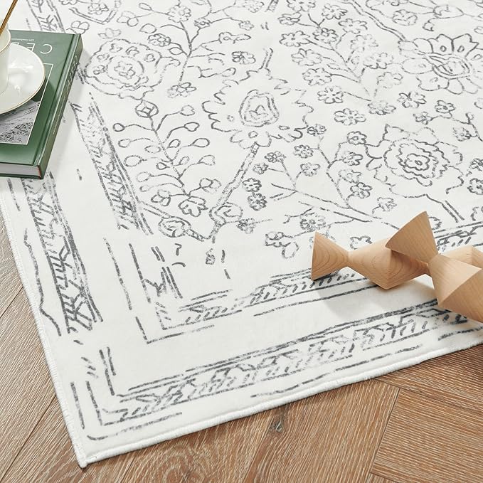 jinchan Vintage Floral Washable Runner Rug 2x6 Non-Slip Faux Wool Carpet, Grey