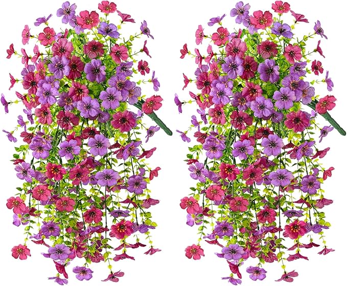 INQCMY 2Pcs Artificial Flowers for Outdoors UV Resistant Artificial Plants Easy Assembly for Spring Decor Look Real Faux Hanging Flowers for Outside Home Planter Porch Patio Decor