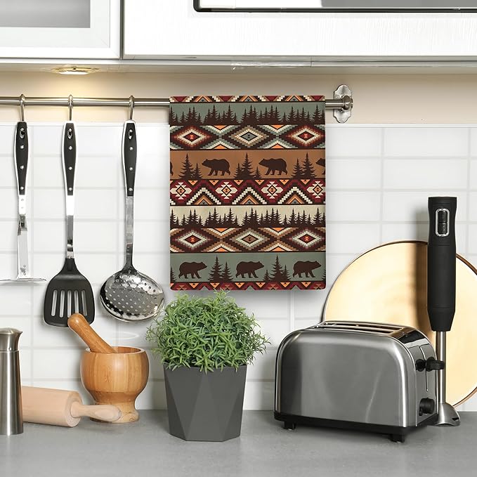 Vintage Rustic Dish Towels Set of 2 Bear Mountain Cabin Farmhouse Kitchen Towels 16x24