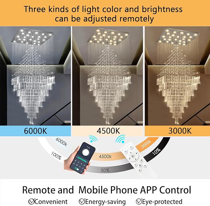 W47 x H120 Luxury Crystal Chandelier with LED Bulbs Glam Raindrop High Ceiling Square Light Chandeliers for Entrance Large Villa Foyer Living Room Lighting Fixtures Silver