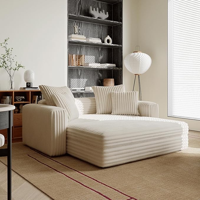 Acanva Oversized Cozy Chaise Indoor with Removable Ottoman, Modern Upholstered Fluffy Sleeper Sofa Bed, Comfy Reclining Couch for Living Room, Bedroom, White