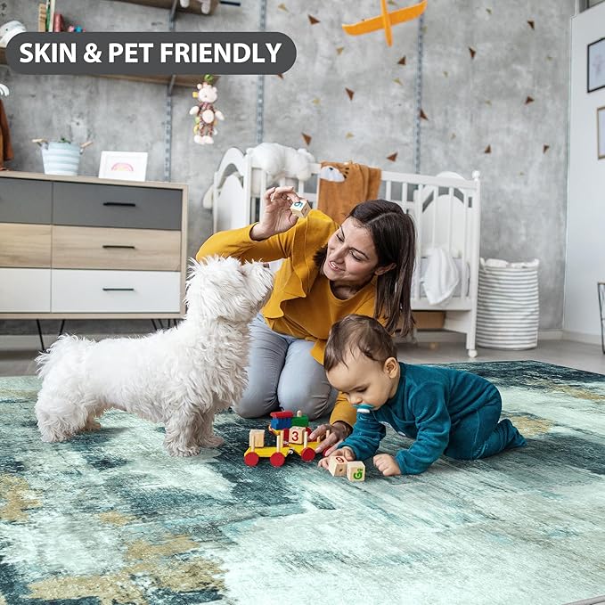 Runner Rug for Hallways Kitchen 2'6"x8' Washable Non Slip: Carpet Non Skid 8ft Entryway Rubber Backed 8 Feet Neutral Abstract Modern Rug Low Pile Pet Friendly Indoor Teal Grey Gold