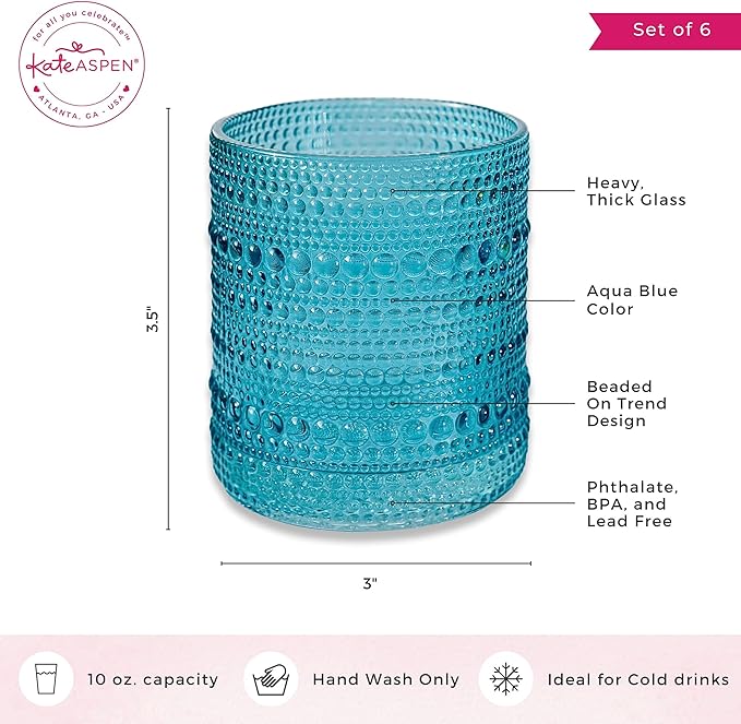 Kate Aspen Hobnail Beaded Drinking Glasses Vintage Glassware Set | Cocktail Glass Set, Juice Glass, Water Cups | Makes A Great Hostess Gift, Gift for Newlyweds (Aqua Blue)