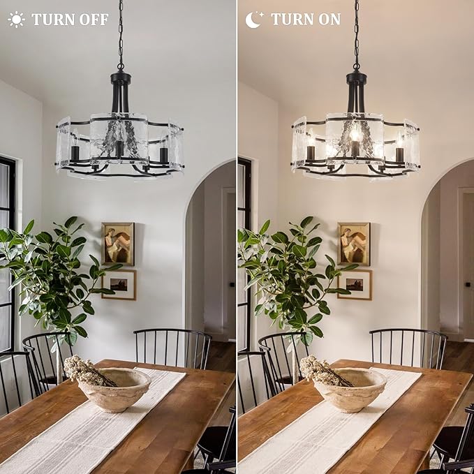 Modern Black Chandelier 5-Light Textured Glass Chandeliers for Dining Room 18.9''Drum Crystal Light Fixture Over Table Farmhouse Round Pendant Light for Kitchen Island Bedroom Living room Foyer,E12