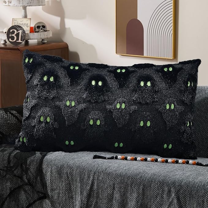 DFXSZ Halloween Pillow Covers 12x20 inch Set of 2 Black Ghost Throw Pillow Cases Soft Plush Faux Fur Wool Cushion Case for Chair Bedroom Living Room Home Decor PTK03F12