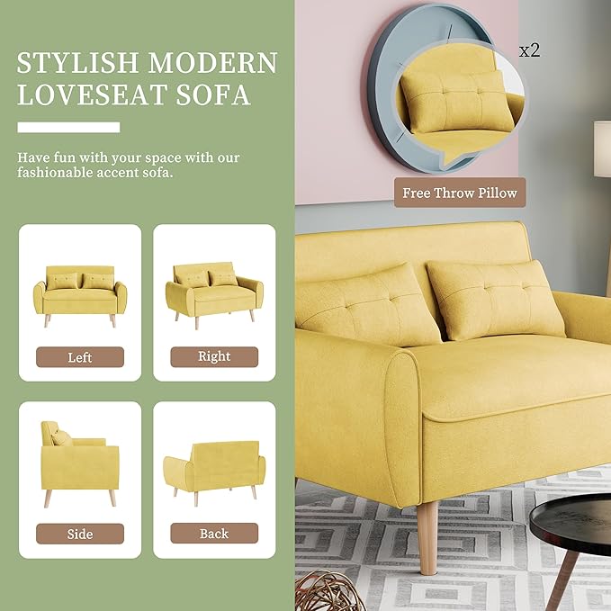 Vongrasig 47" Modern Loveseat Sofa Mid Century Linen 2 Seat Couch Tufted with Back Cushions and Tapered Legs, Yellow