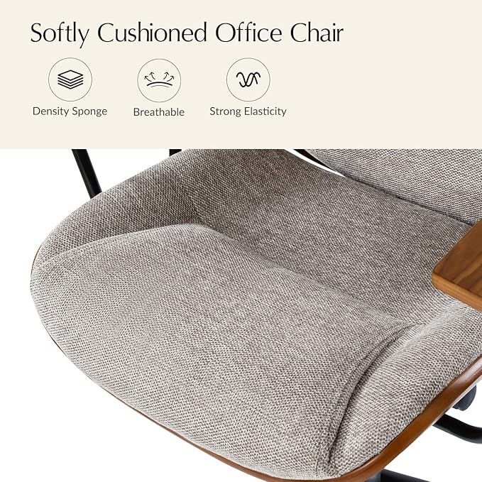 HULALA HOME Solid Wood Office Chair with Rocking Function, Comfy Fabric Desk Chair with Bent Wood and Metal Base, Height Adjustable Swivel Computer Task Chair, Tan