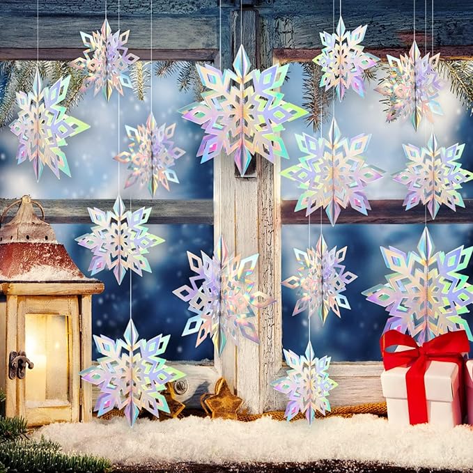 GuassLee Christmas Hanging Snowflakes Decorations Clearance 15pcs 3D Iridescent Paper Snowflakes Snow Flakes Garland for Winter Wonderland Frozen Christmas Birthday Party Decorations