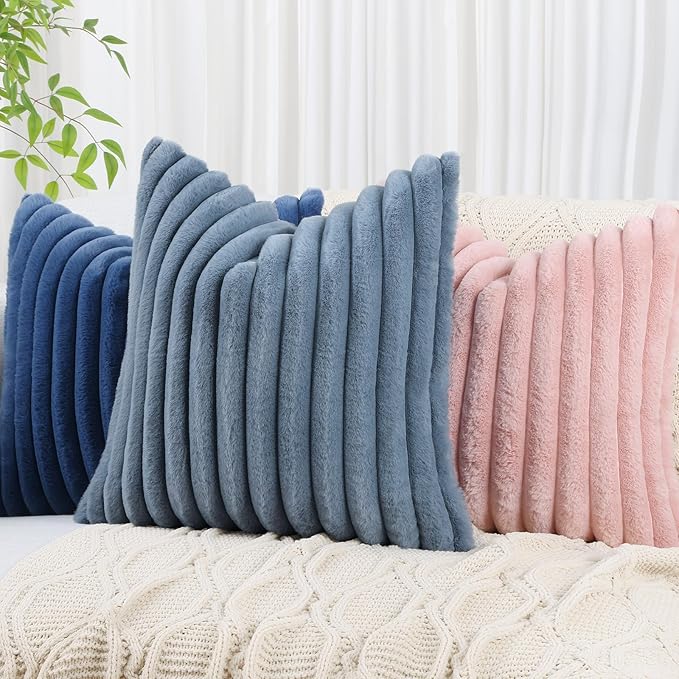 decorUhome Faux Fur Throw Pillow Covers 12x20 Set of 2, Decorative Soft Plush Striped Lumbar Neutral Euro Pillow Covers with Velvet Back for, Bed, Living Room Home Decor, Grey Blue
