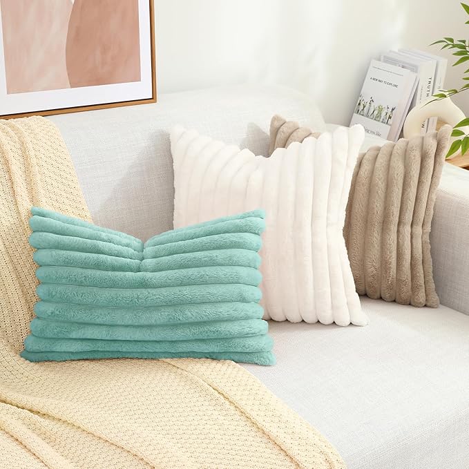decorUhome Faux Fur Throw Pillow Covers 12x20 Set of 2, Decorative Soft Plush Striped Lumbar Neutral Euro Pillow Covers with Velvet Back for Bed, Living Room Home Decor, Aqua