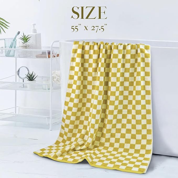 Luxury Bath Towels Pack of 2 Cotton Fall Bathroom Towels Sets for Body Drying 55x27.5 Inches Mustard Yellow Checkered