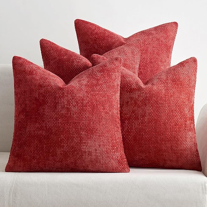 MIULEE Christmas Red Pack of 4 Throw Pillow Covers 20x20 Inch Soft Decorative Chenille Pillow Covers Farmhouse Accent Cushion Covers for Boho Home Decor Bedroom Living Room