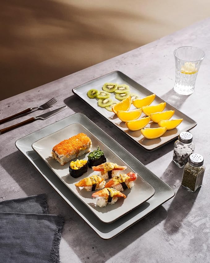 famiware Serving Platter, Rectangular 15.67/14.1/12.6inch Serving Dishes for Entertaining, Reactive Glaze, Stoneware for Party, Food, Turkey, Snack, Cheese, Ocean Series, Grey