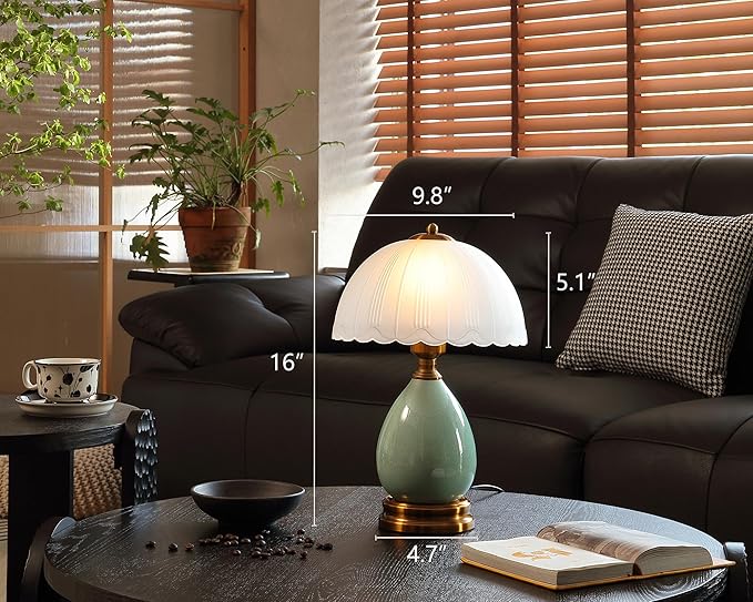 Vintage Lamp for Living Room,16" Modern Ceramic Table Lamps for Bedroom,Retro Bedside Nightstand Traditional Lamps, Classic Chinoiserie Green Lamp for Home Decor (LD001)