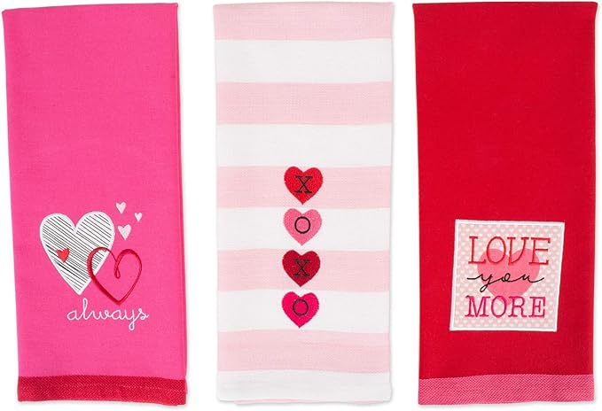 DII Valentine Dish Towels Set of 3 Embellished Hearts Decorative Kitchen Towels 18x28