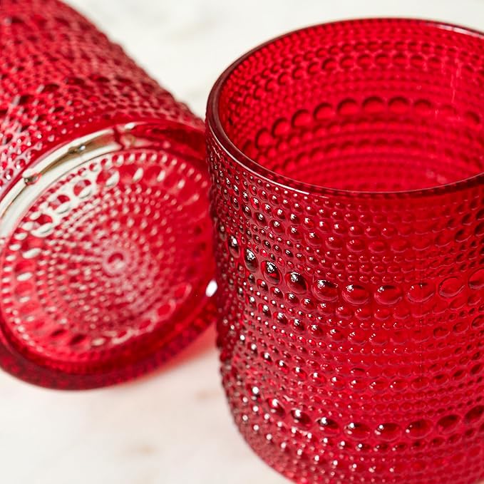 Kate Aspen Red Hobnail Vintage Drinking Glasses Set of 6-10 oz Beaded Glassware for Cocktails, Tea, Water, Juice | Ribbed Retro Glass Cups for Entertaining, Gift Giving or Bar Decor