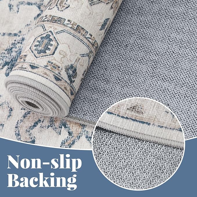 jinchan Vintage Floral Washable Runner Rug 2x6 Non-Slip Low Pile Carpet, Blue
