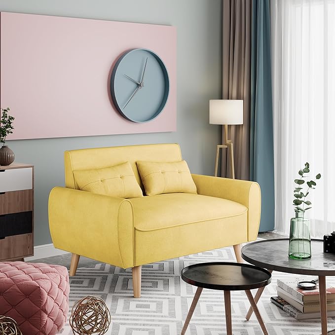 Vongrasig 47" Modern Loveseat Sofa Mid Century Linen 2 Seat Couch Tufted with Back Cushions and Tapered Legs, Yellow