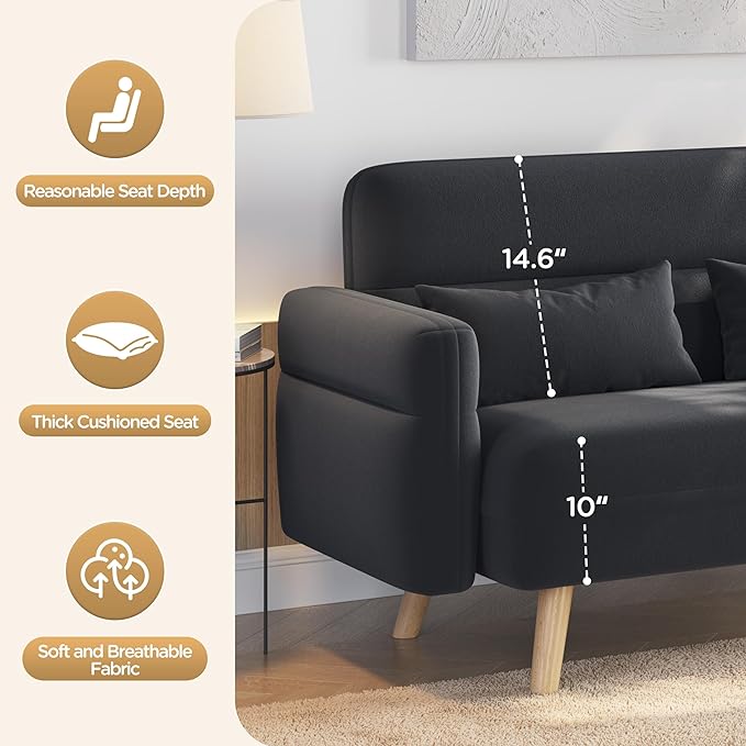 Yaheetech 46" Small Modern Fabric Loveseat Mid Century 2 Seater Sofa with Lumbar Pillows Solid Wood Legs, Dark Gray