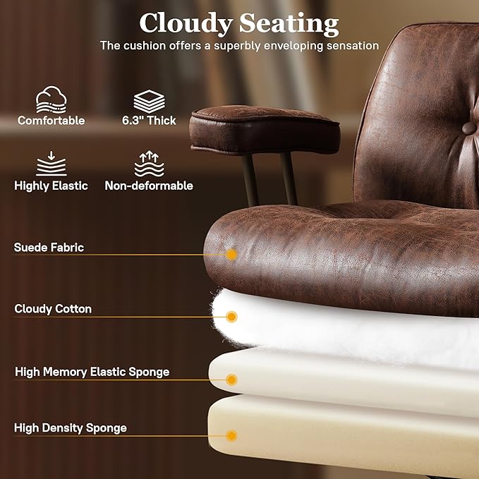 Mid Century Modren Large Office Chair, Big and Tall Ergonomic Executive Chair for Heavy Duty People, Desk Task Chair with Wheels, Faux Lether Fabric Wide Chair for Home Sturdy,Dark Brown