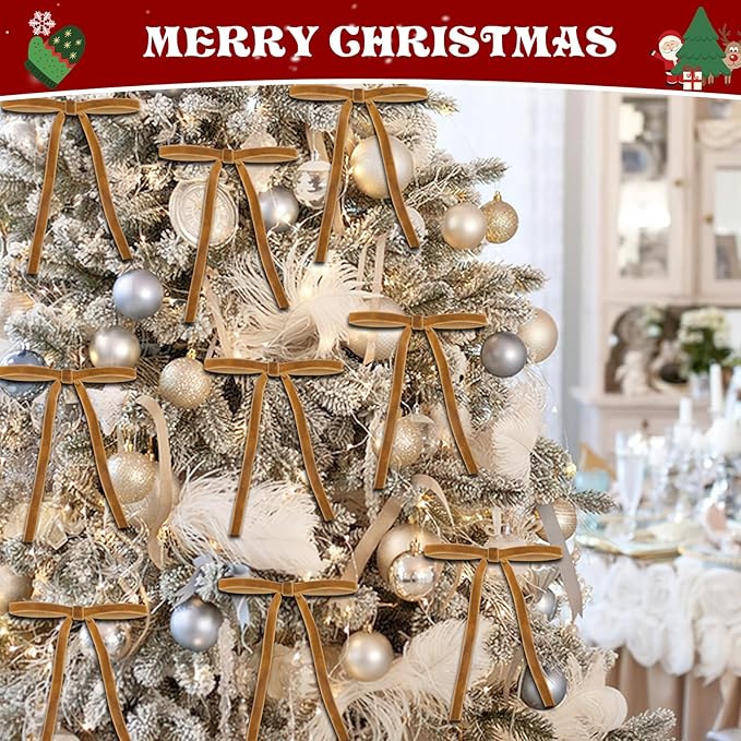 24 Pcs Velvet Bows for Christmas Tree, Elegant Khaki Christmas Tree Bows, 5”x7” Pre-Tied Velvet Ornaments for Wreaths Garland Gifts Holiday Décor, Khaki Ribbon Bows for Xmas(3/8”)