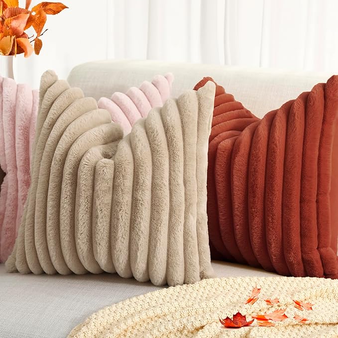 decorUhome Faux Fur Fall Throw Pillow Covers 20x20 Set of 2, Decorative Soft Plush Striped Neutral Euro Pillow Covers with Velvet Back for Bed, Living Room Home Decor, Rust