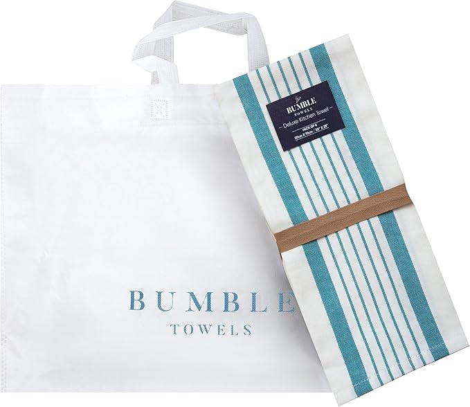 Premium Kitchen Towels 6 Pack Large Cotton Flat Terry Absorbent Tea Towels with Hanging Loop Aqua Striped 20x28