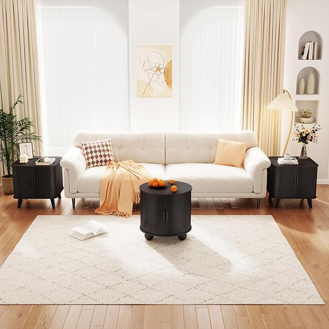 24 Inch End Table with Charging Station, Mid Century Modern Fluted Nighstand with Storage & Sliding Door, Wooden Large Side Table for Bedroom Living Room (Square, Black)