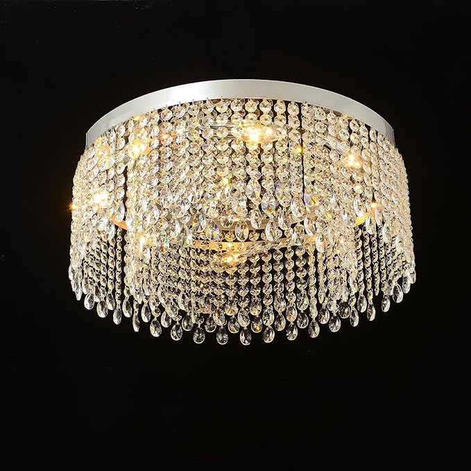 Modern Crystal Ceiling Light Chandelier 31.5in Raindrop Crystal Chandelier Large Flush Mount Light Fixtures for Living Room Dining Room Bedroom Chrome