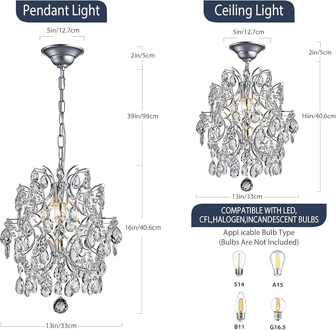 Bestier Modern Pendant Chandelier Crystal Raindrop Lighting Ceiling Light Fixture Lamp for Dining Room Bathroom Bedroom Livingroom entryway 1 E26 Bulbs Required D13 in x H16 in