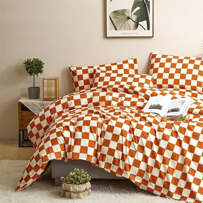CLOTHKNOW Rust Beige Plaid California King Comforter Set Checker Bedding Comforter Sets Geometric Buffalo Comforter with 2 x Pillow Cases