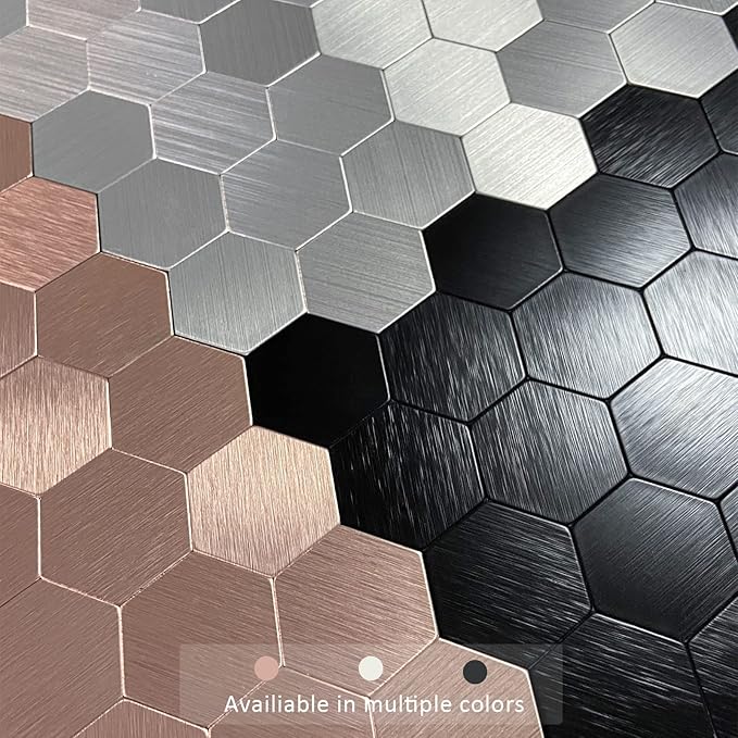 12-Sheet Peel and Stick Backsplash Tile, Hexagon Black Brushed Aluminum Texture Panel Self-Adhesive Mosaic Tiles for Kitchen Bathroom Fireplace