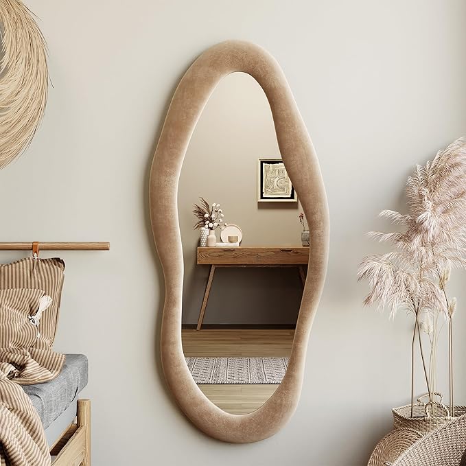 Honyee 55" x 24" Wall Mirror, Flannel Wrapped Wooden Frame Wavy Mirror, Irregular Mirror Hanging for Cloakroom/Bedroom/Living Room, Milk Tea