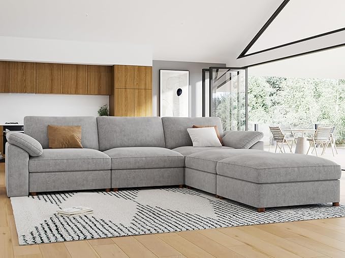 EASE MOOSE Oversized Modular Sectional Couch,Deep Seat L Shape Sectional Couch,Comfty Chenille Modular Sofa for Living Room, Removable Cover,Light Gray