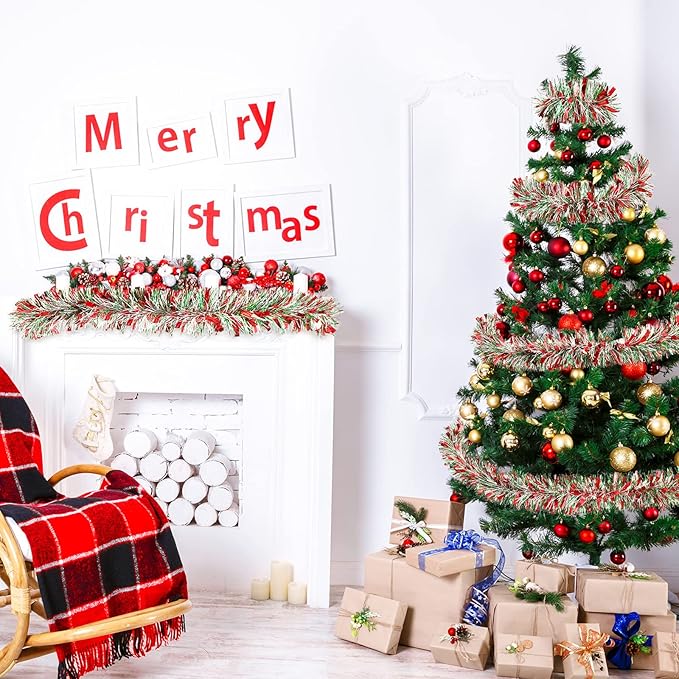 50 Feet Christmas Tinsel Garland Metallic Twist Garland Xmas Tree Decorations Wedding Birthday New Year Hanging Ornaments Party Supplies 3 Inch(Red, Green, White)