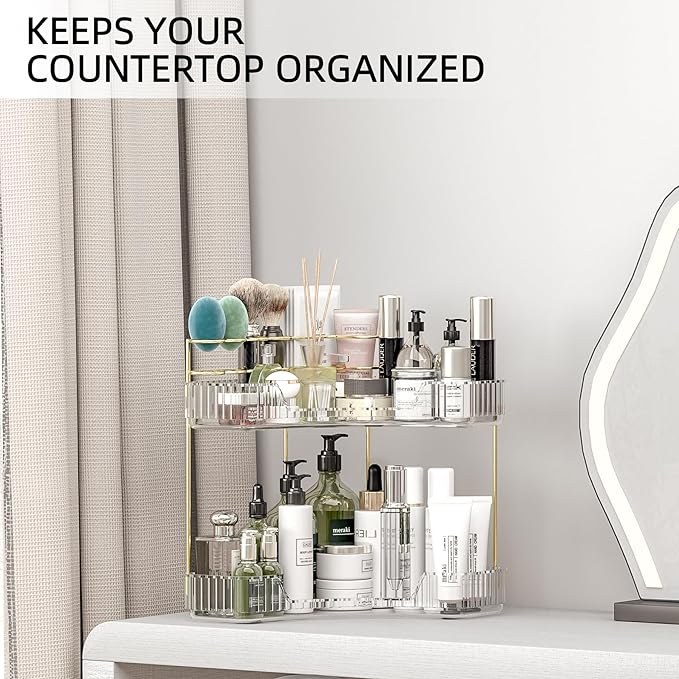 Makeup Organizer Countertop 2 Tier, Corner Bathroom Countertop Organizer with Toothbrush and Makeup Brush Holder, Corner Vanity Skincare Organization