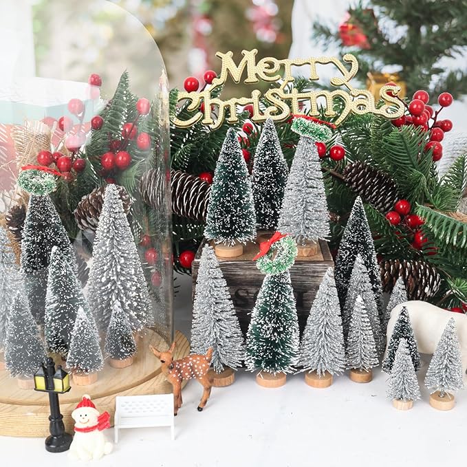 Mini Christmas Tree, Small Pine Tree with Wooden Bases for Xmas Holiday Party Home Tabletop Tree Decor (Silver/Green 30pcs)