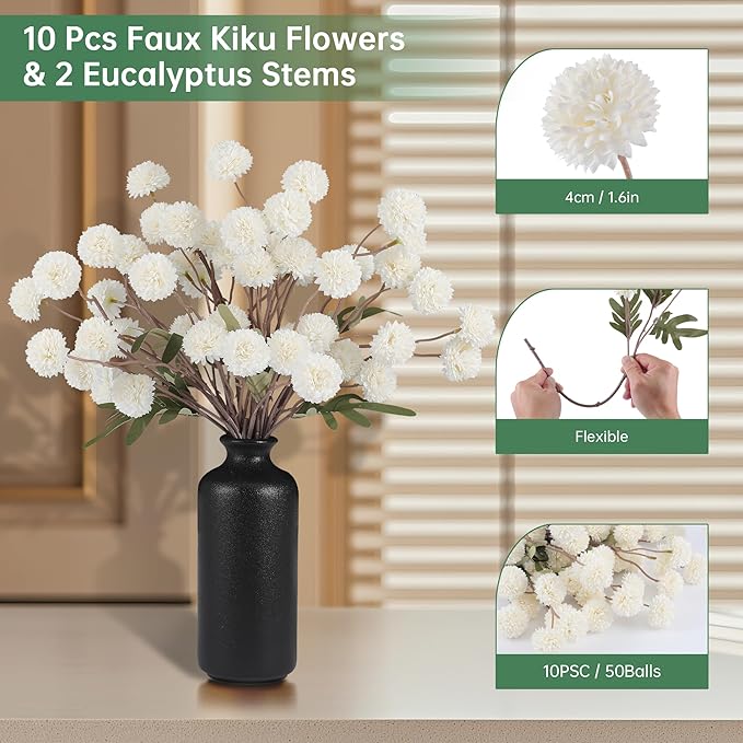 Faux White Kiku Flowers 10 Stems & 2 Eucalyptus,Fake Mums Flower Autumn Artificial Chrysanthemums Mini Ball Floral for Table Centerpieces,Silk Fall Faux Mums Flower for Vase Wedding Arrangements Decor