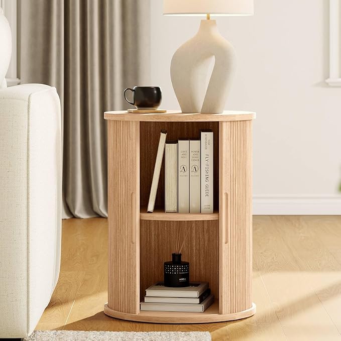 LINSY Round Fluted Nightstand, Mid Century Modern Tall Side Table with Storage, End Table with Sliding Tambour Doors, Adjustable Shelf, Small Wood Bedside Table for Bedroom, Living Room, Oak