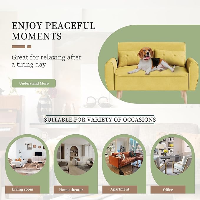 Vongrasig 47" Modern Loveseat Sofa Mid Century Linen 2 Seat Couch Tufted with Back Cushions and Tapered Legs, Yellow