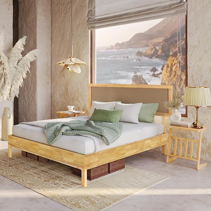 Bme Nipe Bed Frame with Headboard, Bohemian and Mid-Century Modern Style, Solid Rubber Wood Platform Bed with Slat Support, No Box Spring Needed, Easy Assembly, Queen - Natural