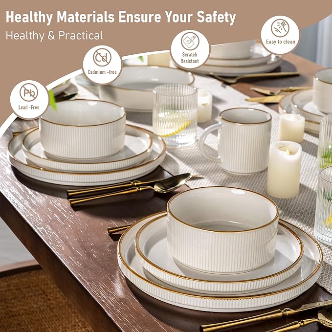 GBHOME Stoneware Dinnerware Sets for 8, Round Reactive Glaze Ceramic Plates and Bowls Set, Highly Scratch Resistant | Dishwasher & Microwave Safe Set,Service for 8(24pcs)