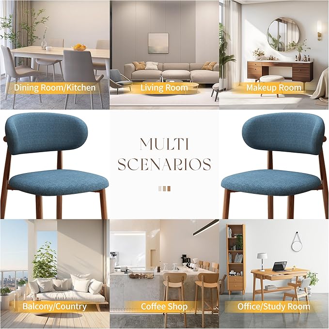 Kitchen Dining Chairs Set of 6 Modern Soft Linen Farmhouse Dining Room Chair with Metal Legs, Blue/Walnut