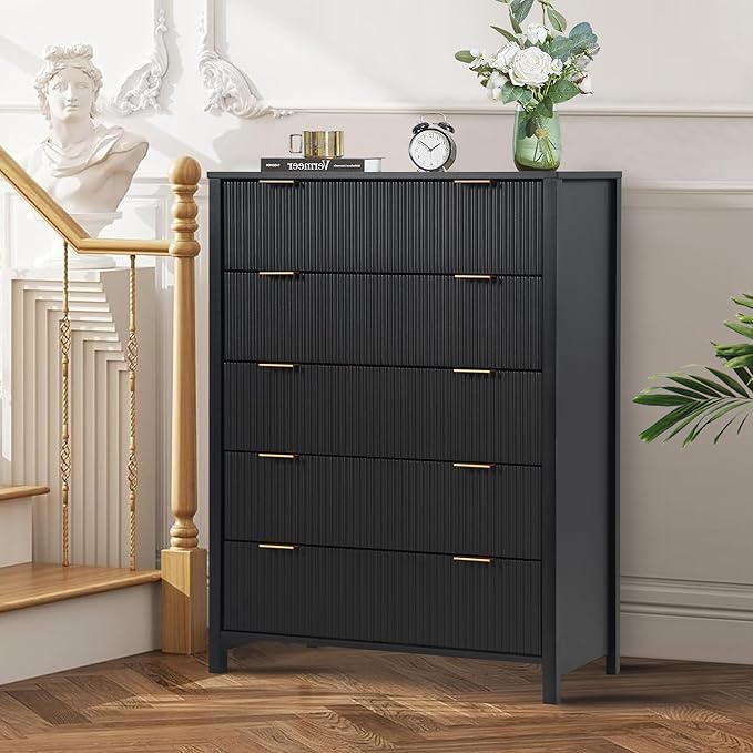 5 Drawer Dressers for Bedroom, Modern Closet Chest of Drawers with Waveform Fluted Panel, Large Wood Storage Dresser Organizer for Nursery Bedroom Living Room Hallway Closet, Black