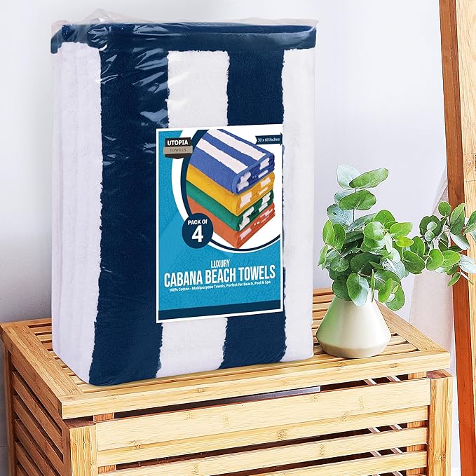 Utopia Towels 4 Pack Cabana Stripe Beach Towel Oversized 100% Ring Spun Cotton Beth Towels Highly Absorbent Quick, Navy