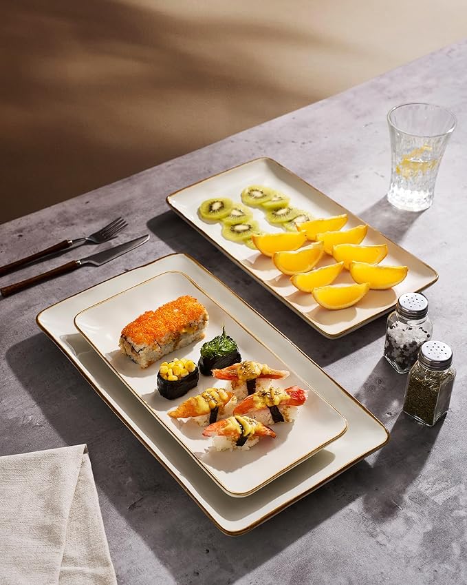 famiware Serving Platter, Rectangular 15.67/14.1/12.6inch Serving Dishes for Entertaining, Microwave Dishwasher Safe, Stoneware for Party, Turkey, Cheese, Ocean Series, Vanilla White