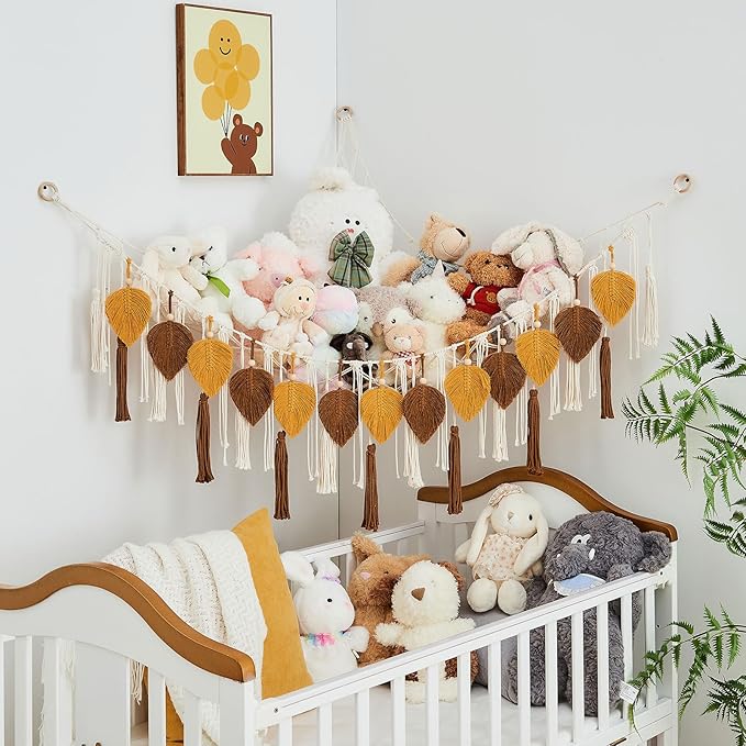 Pretty Jolly Stuffed Animal Storage with Hand Woven Leaf Tassels Hammock Corner Hanging Net Boho Macrame Plush Storage for Kid Room Nursery Decor Wall Display for Girls Gift(Dark Yellow&Caramel)