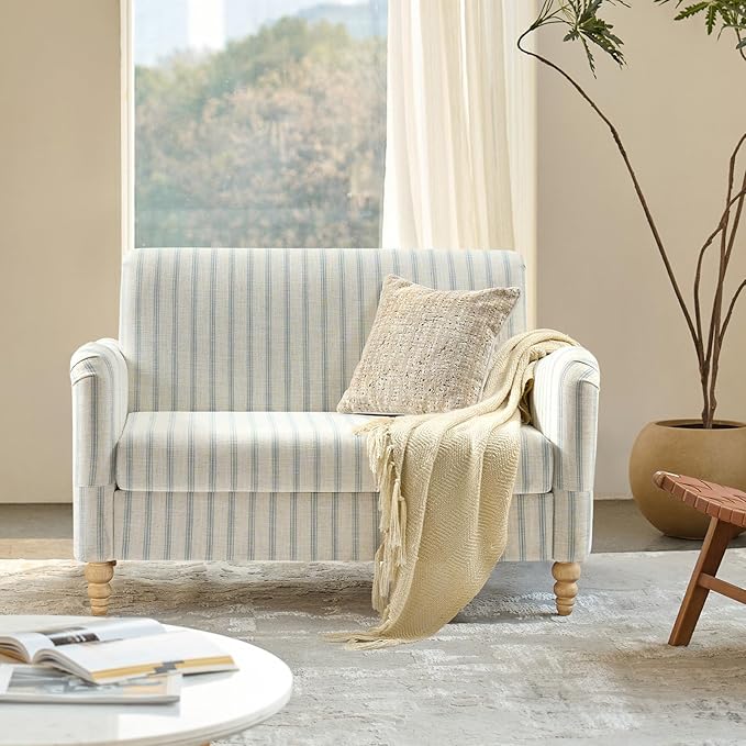 EcoHarbor Living 50.5" Mid-Century Modern Couch, Upholstered Sofa with Armrests, Stripe Mini Loveseat Couches for Small Space, Living Room, Bedroom, Office, Apartment, Blue