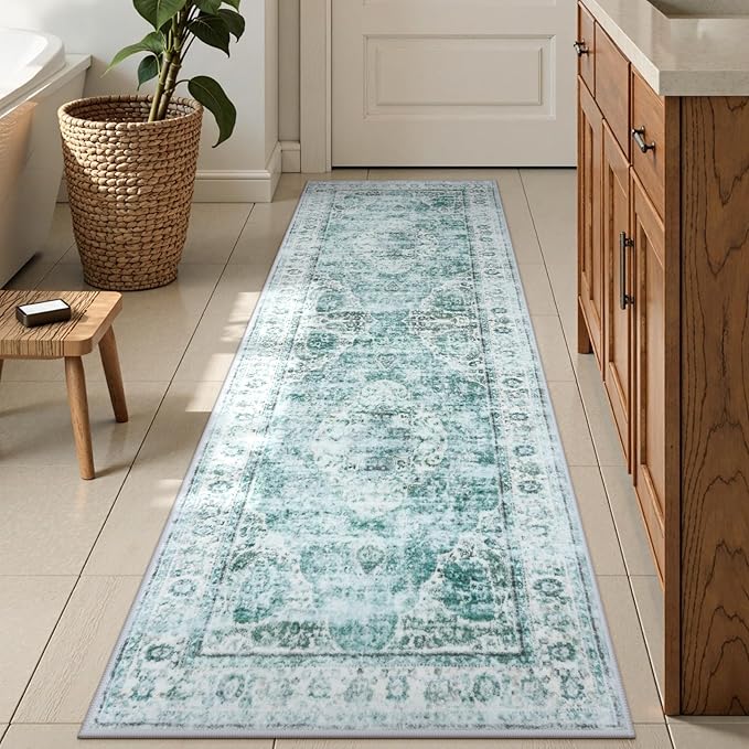 Uphome Bathroom Runner Rug, Distressed Tribal Farmhouse Sage Green Bathroom Mat, Large Bathroom Rugs Non Slip Washable, Oriental Retro Boho Bath Mat Runner for Bathtub Sink Hallway, 24x59 inch